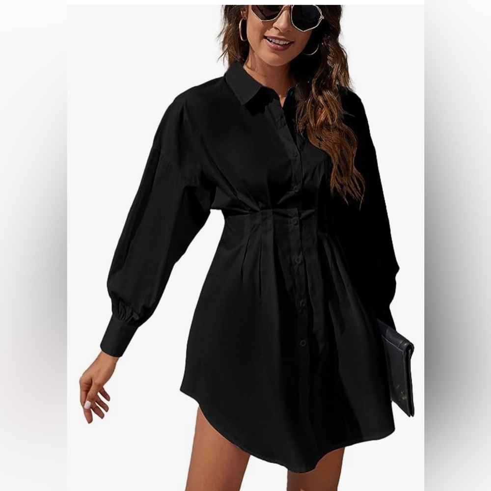 Sexy Collared Button Down Long Sleeve Cinched Waist Mini Shirt Dress